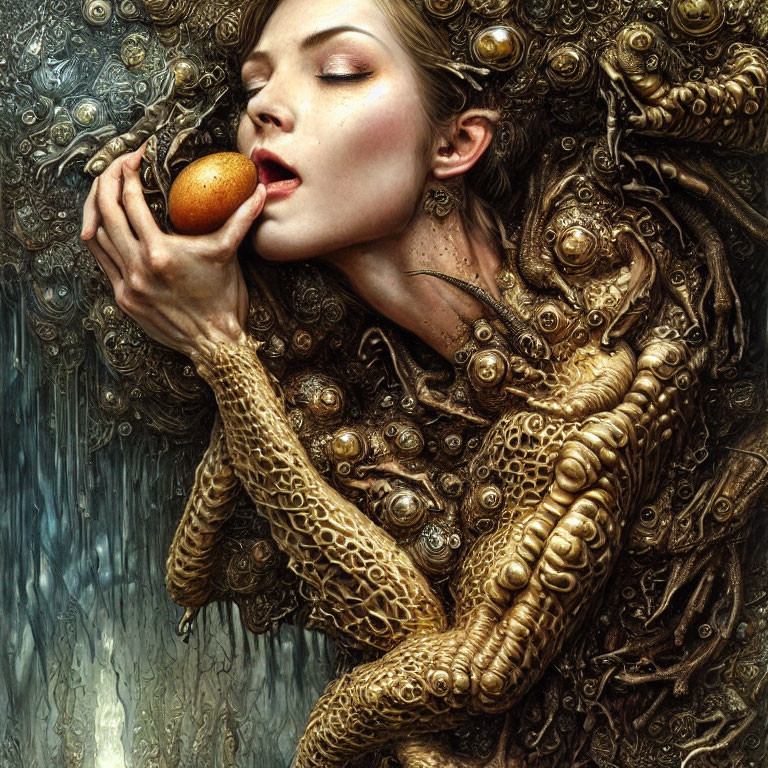 Woman with closed eyes holding golden fruit in surreal setting