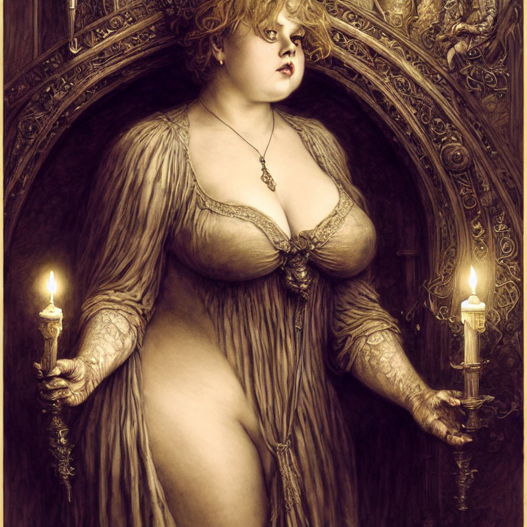 Voluptuous Woman in Low-Cut Dress Holding Lit Candles