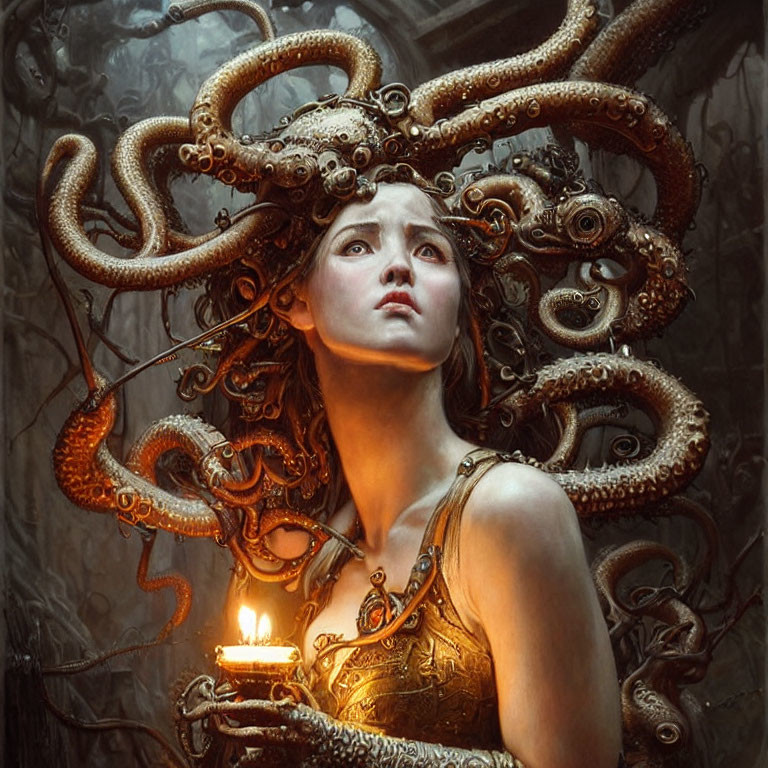 Intricate mechanical tentacles crown woman with candle in dark gothic setting