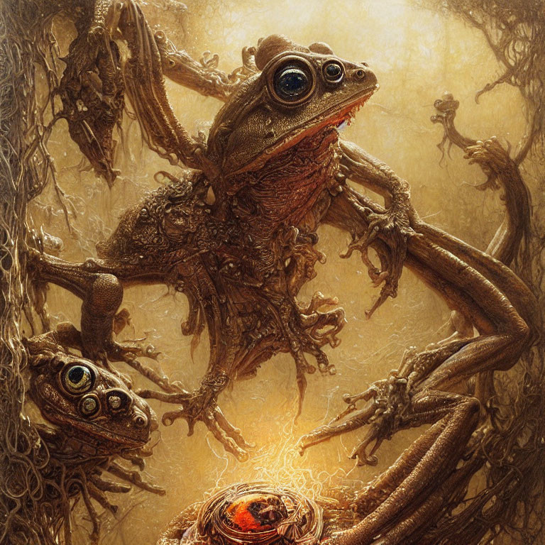 Fantastical Frogs Illustration with Glowing Red Orb and Woven Branches