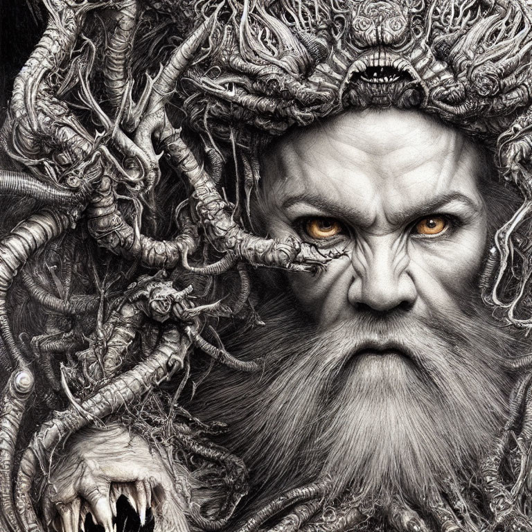 Detailed black and white mythical figure with tangled roots and intense yellow eyes