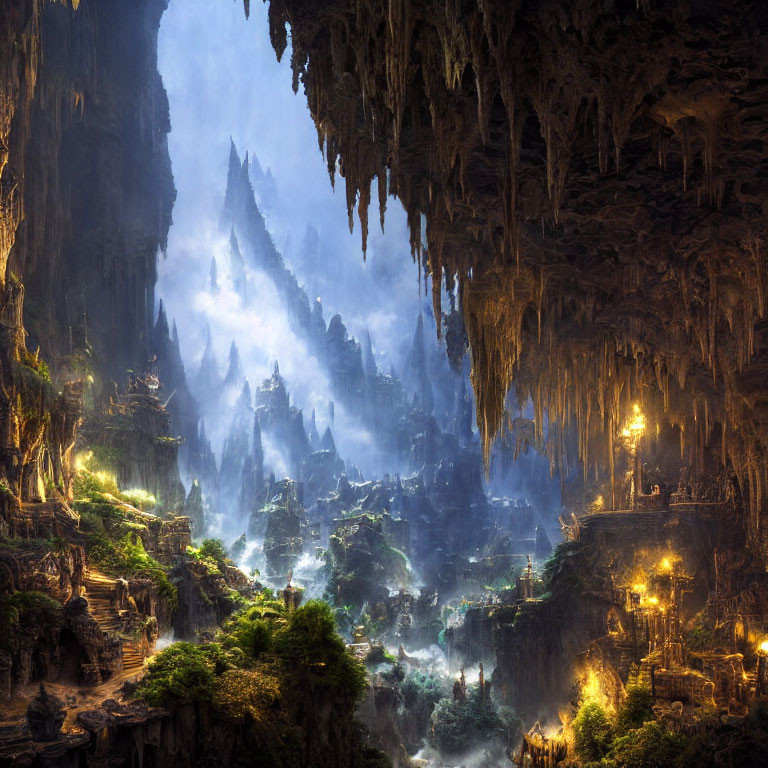 Mystical subterranean landscape with towering stalactites and softly illuminated buildings