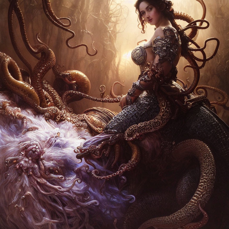 Elaborately armored woman in mystical sepia-toned scene with giant octopus tentacles