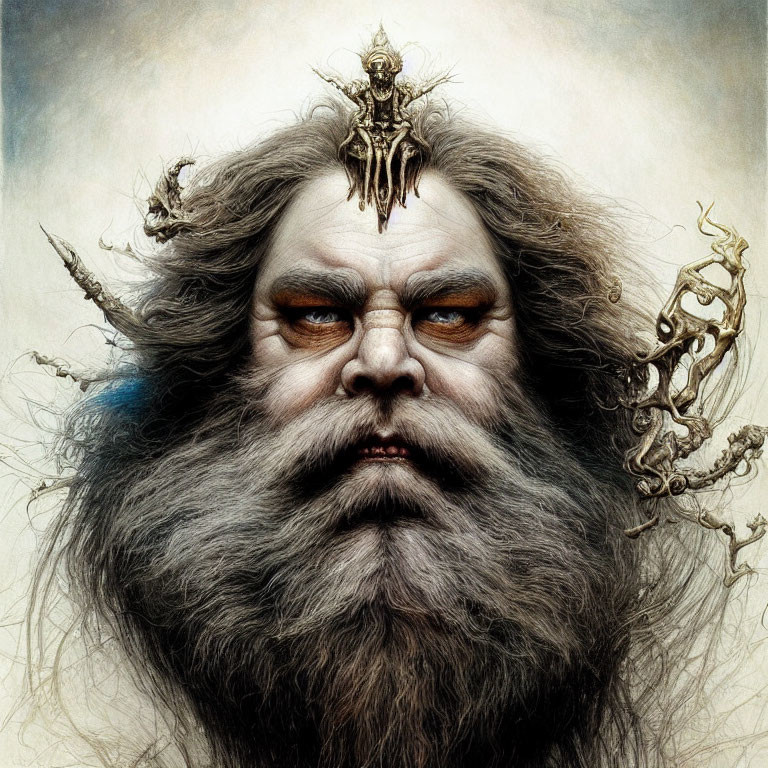 Detailed fantasy character with long gray beard and ornate headpiece