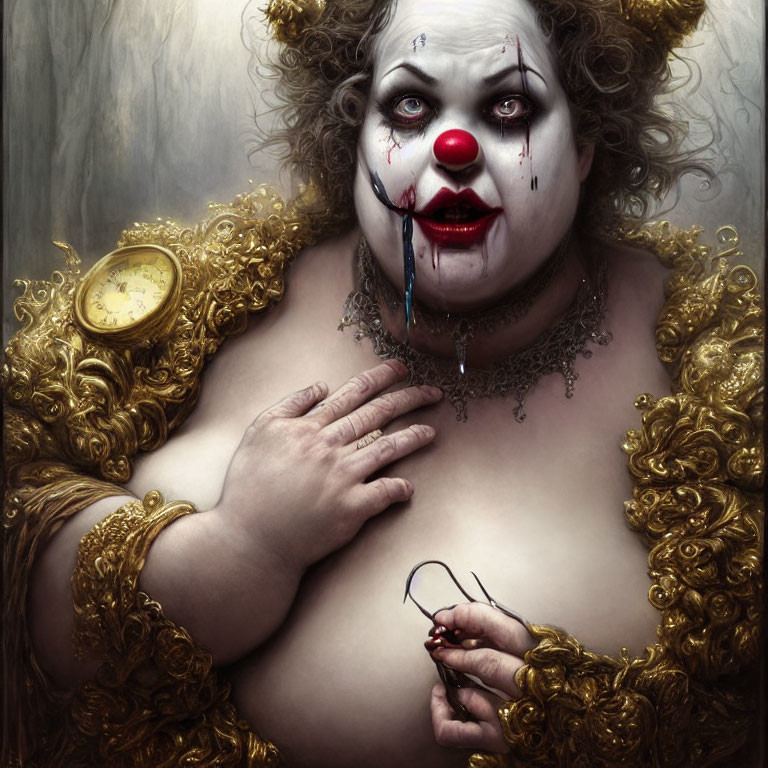 Corpulent clown with bloodied nose, gold attire, and pocket watch in eerie painting