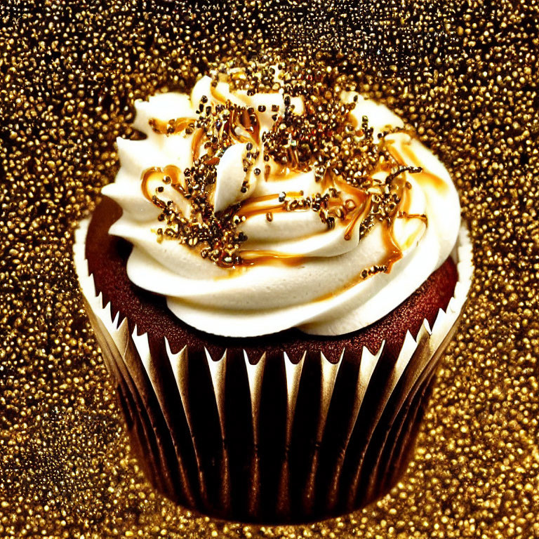 Chocolate Cupcake with White Frosting, Caramel Drizzle, and Golden Sprinkles on Gold