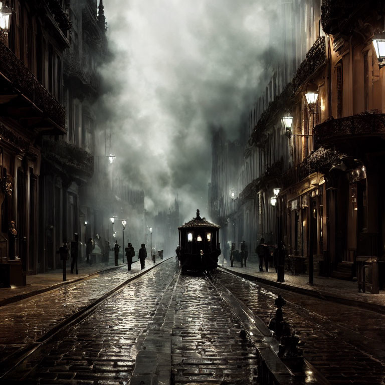 Vintage tram on foggy cobbled street with old buildings and silhouetted figures