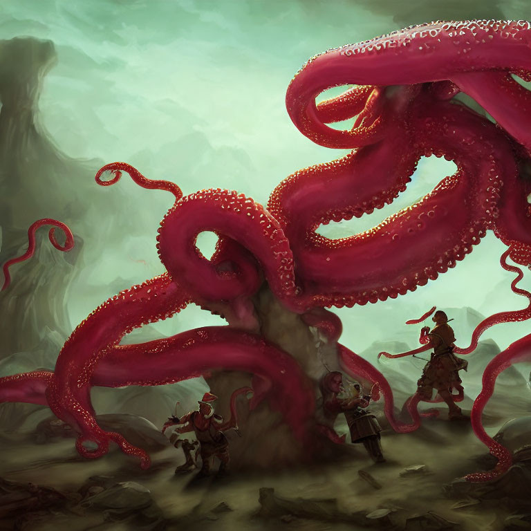 Giant Octopus Illustration Over Adventurers in Murky Background