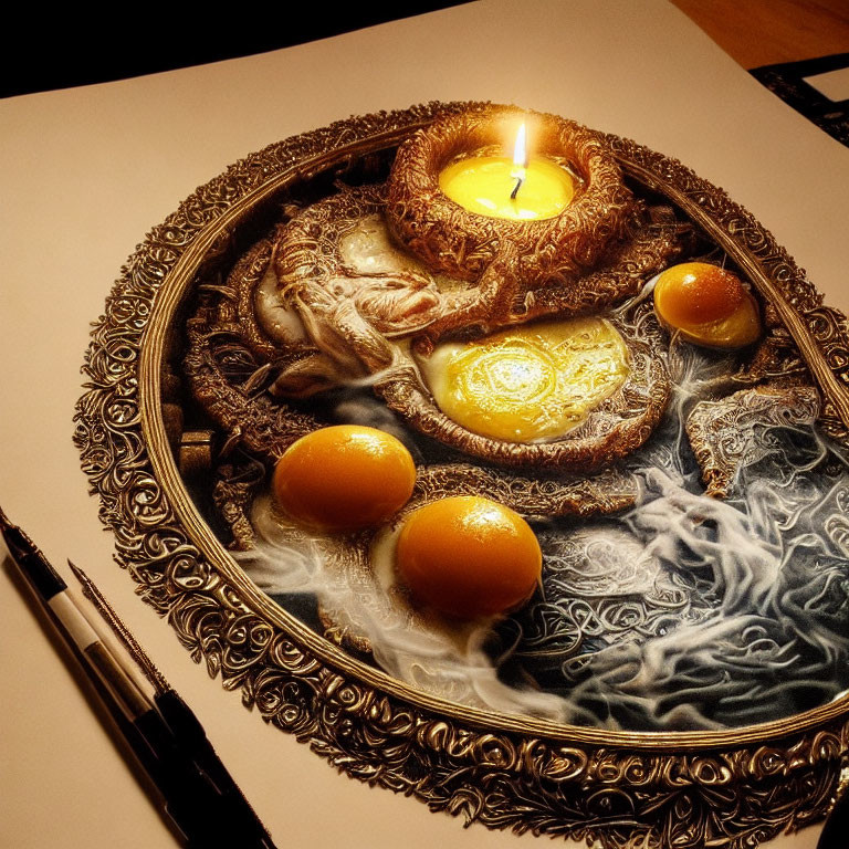 Hyper-realistic drawing of candlelit eggs in ornate frame on desk with pens