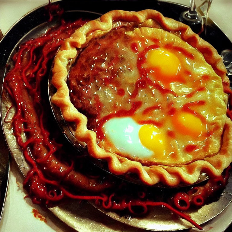 Savory pie with sunny-side-up eggs and sausage links on white plate