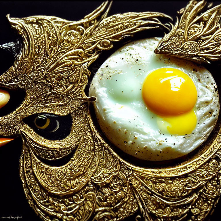 Fried egg on bird-shaped golden plate with yolk eye