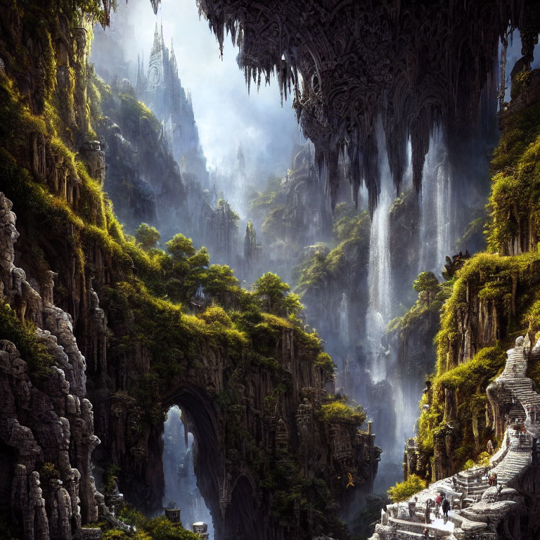 Mystical landscape with rock formations, waterfalls, greenery, and castle stairs