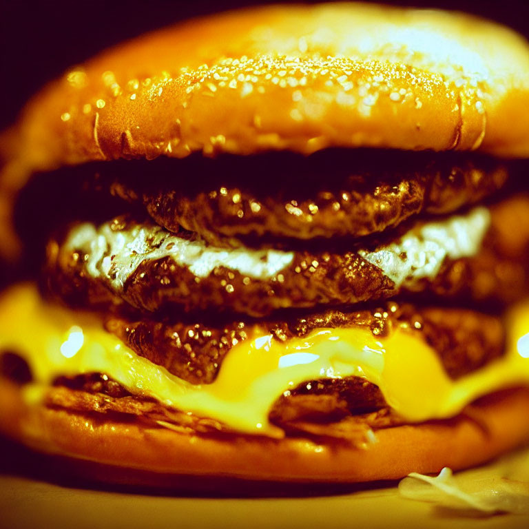 Detailed close-up of a multi-layered cheeseburger under warm lighting