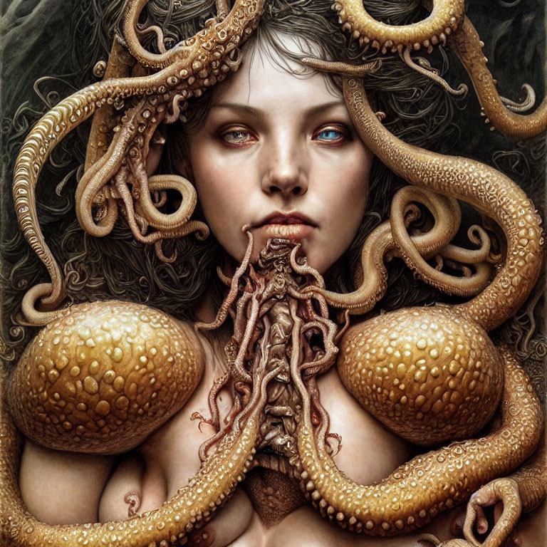 Woman with Octopus Tentacles in Hair: Mythical Medusa-Like Image