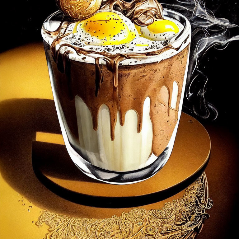 Hyperrealistic Coffee Cup with Fried Egg Illustration on Intricate Saucer