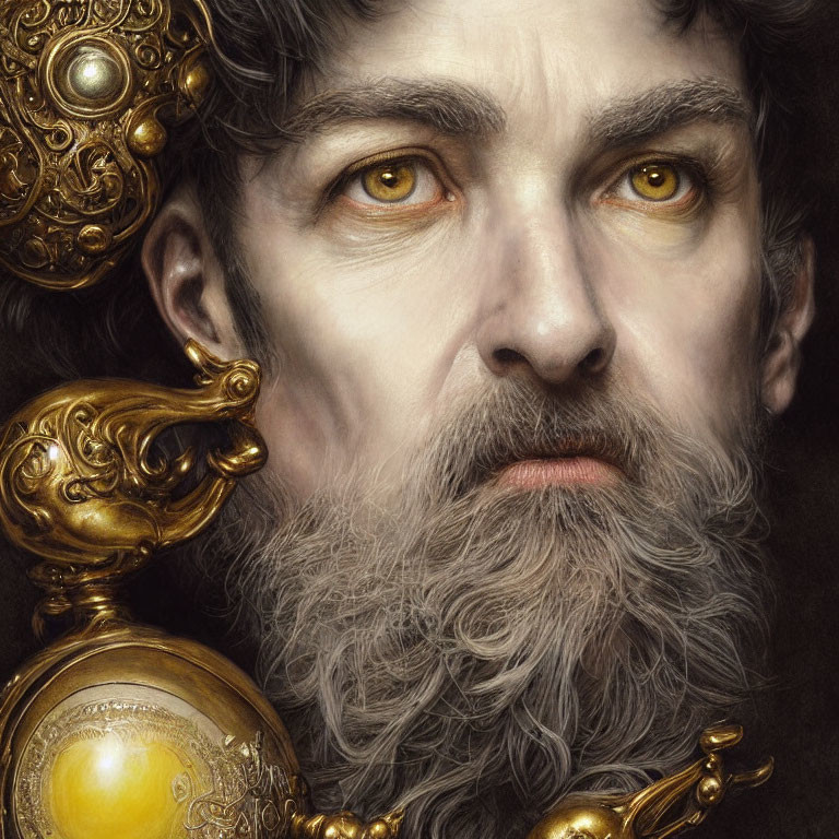 Bearded man in golden armor with steely eyes and grey beard