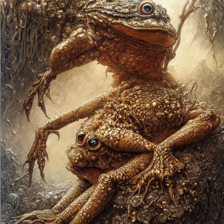 Detailed Fantasy Illustration: Two Toads on Ornate Background