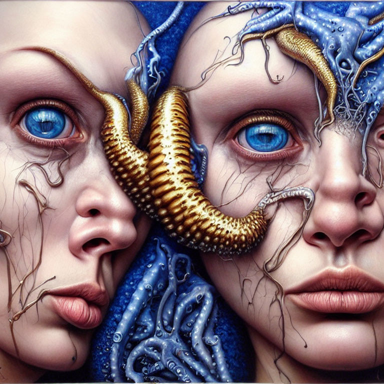 Surreal Artwork: Two Faces with Blue Eyes, Golden Millipede, and Tentacle