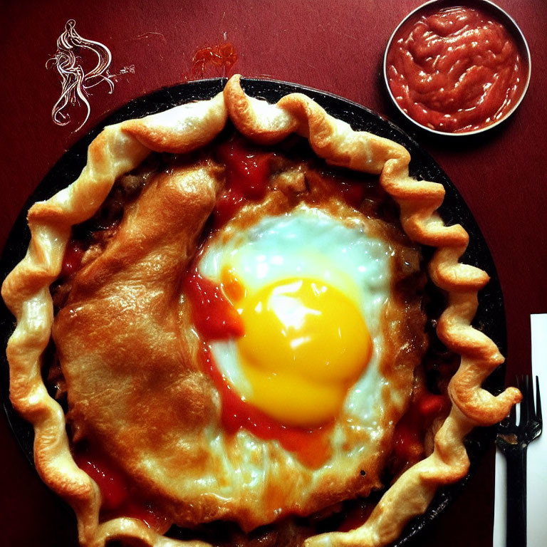 Freshly Baked Pie with Sunny-Side-Up Egg on Fluted Crust and Sauce on Red