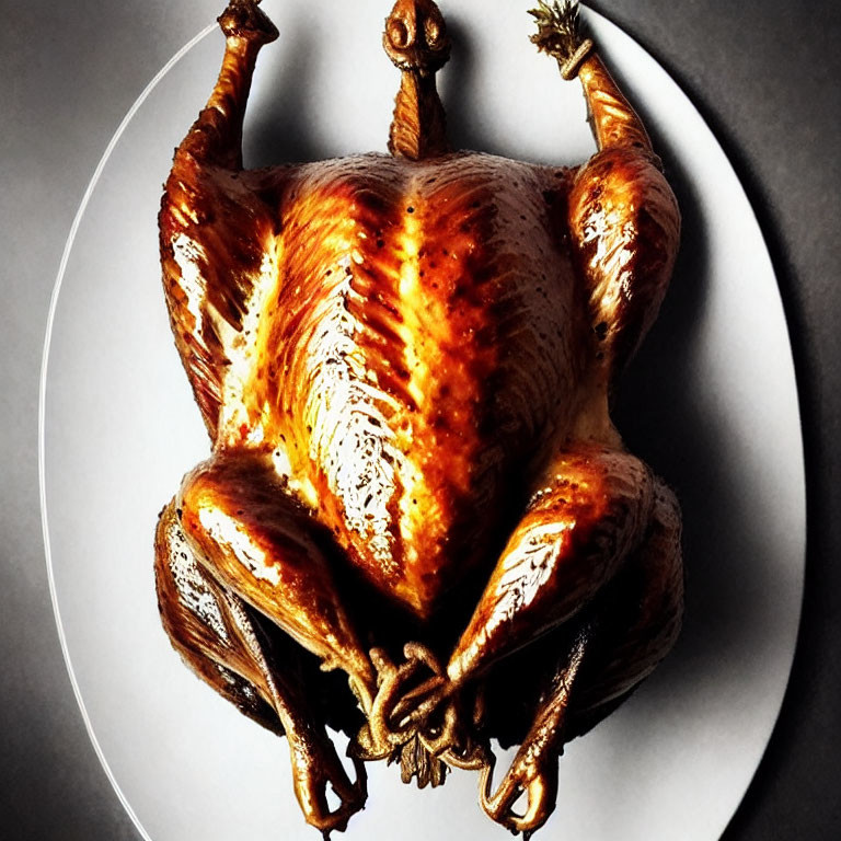 Golden-brown roasted turkey on white plate with tied legs on dark surface