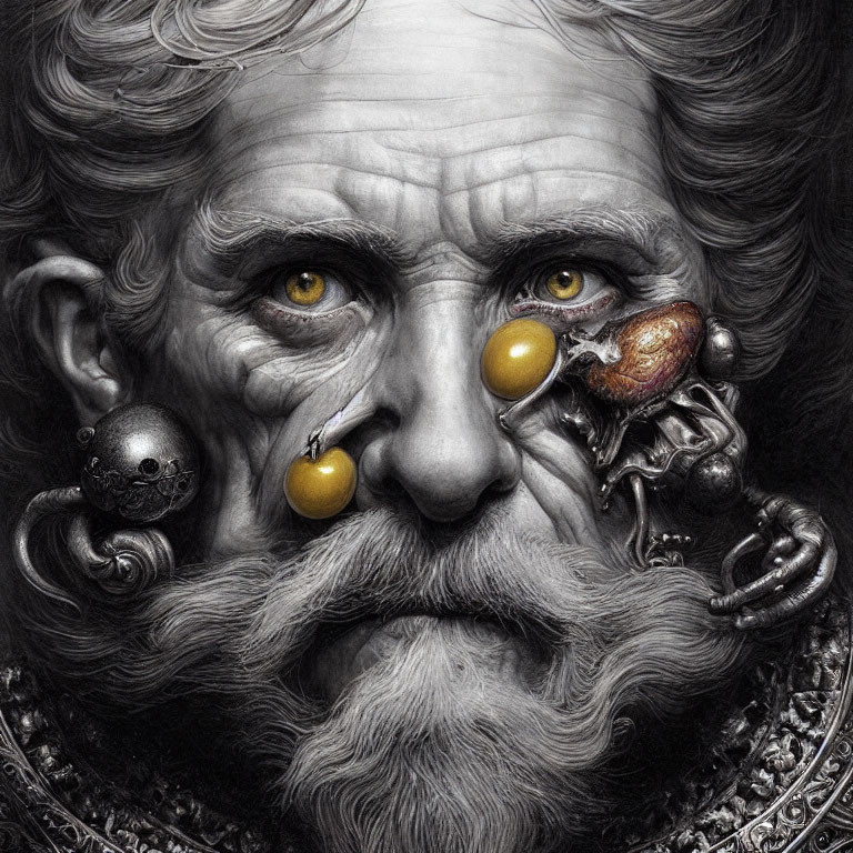 Monochrome hyper-realistic illustration of a bearded man with mechanical eye.