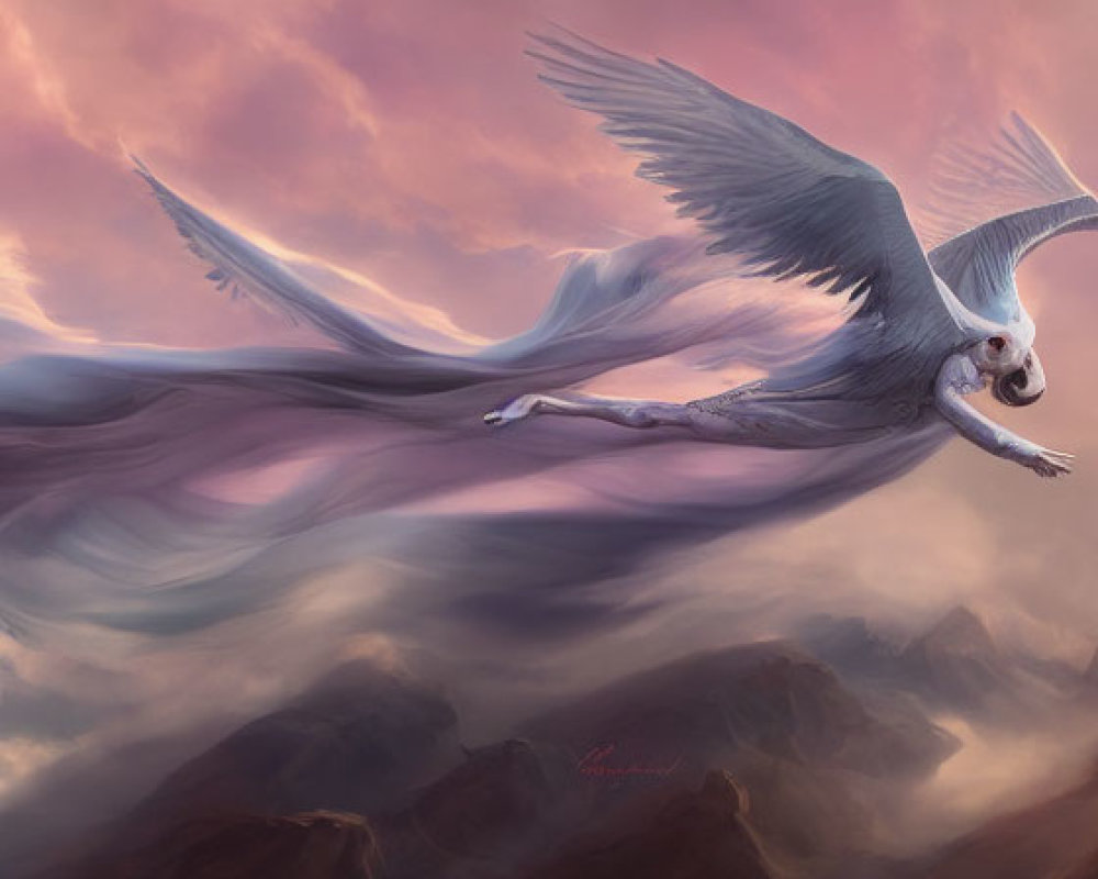 Ethereal bird with elongated wings over misty mountains