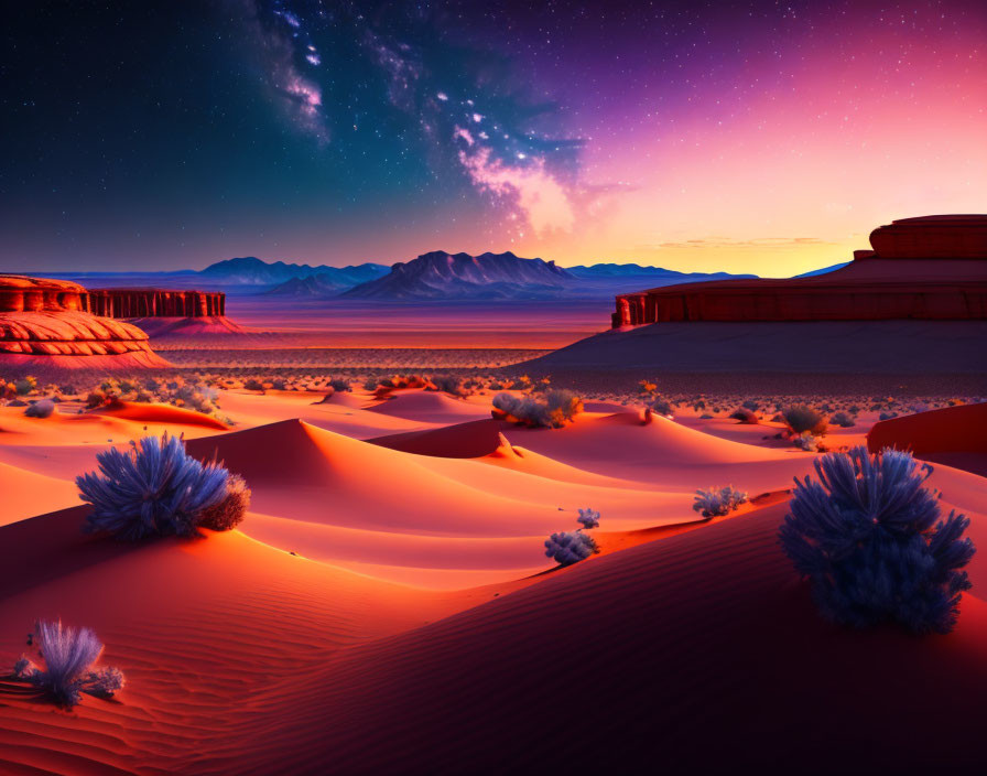 Twilight desert landscape with sand dunes, vegetation, cliffs, and starry sky