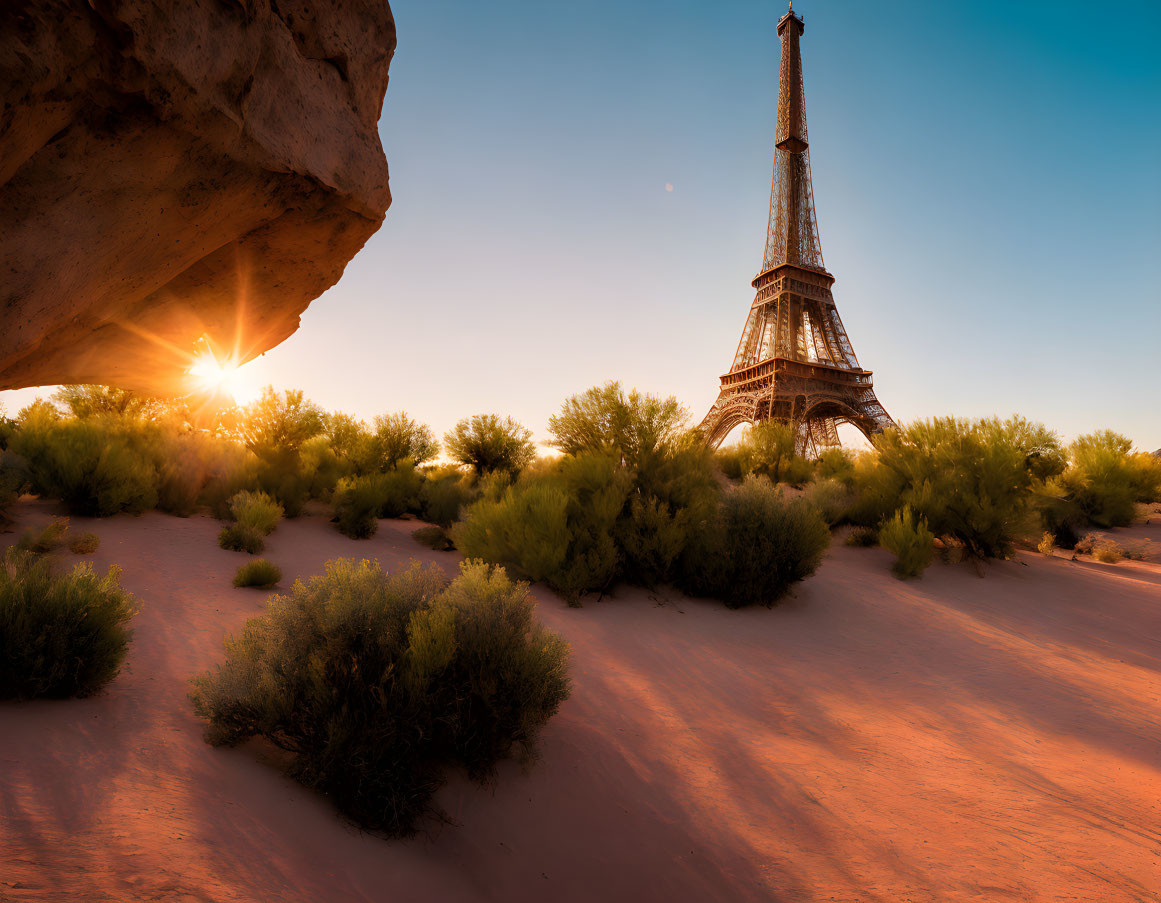 Iconic Eiffel Tower in desert landscape at sunset