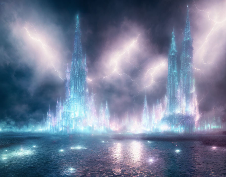 Ethereal landscape: Glowing icy spires, stormy sky with lightning