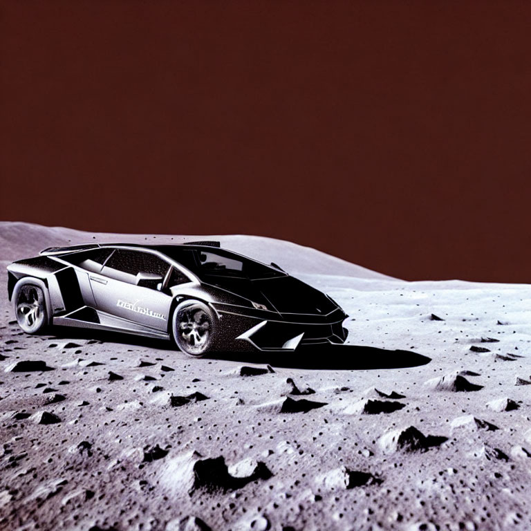 Futuristic black car on rocky lunar-like landscape