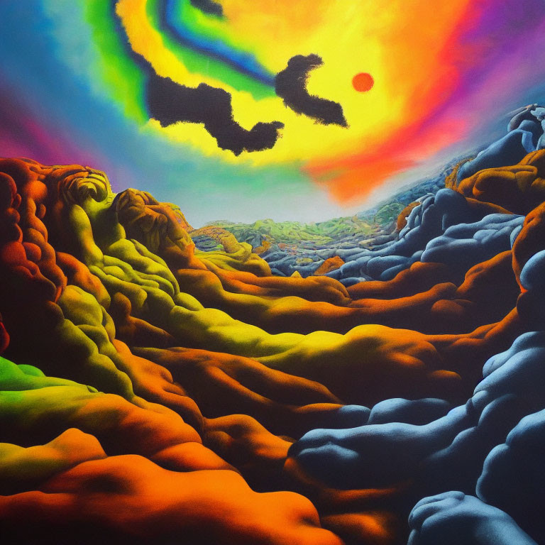 Colorful Painting of Rolling Hills Under Psychedelic Sky