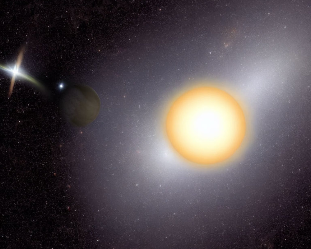 Bright sun, planet, moon, and comet in star system illustration