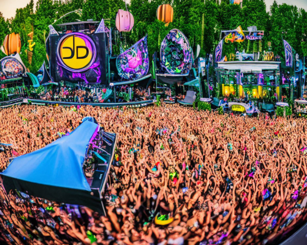 Colorful outdoor music festival scene with vibrant crowd and circular logo stage