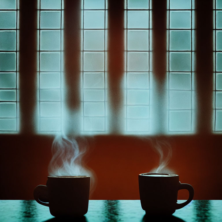 Steaming cups on counter with grid-like window pattern