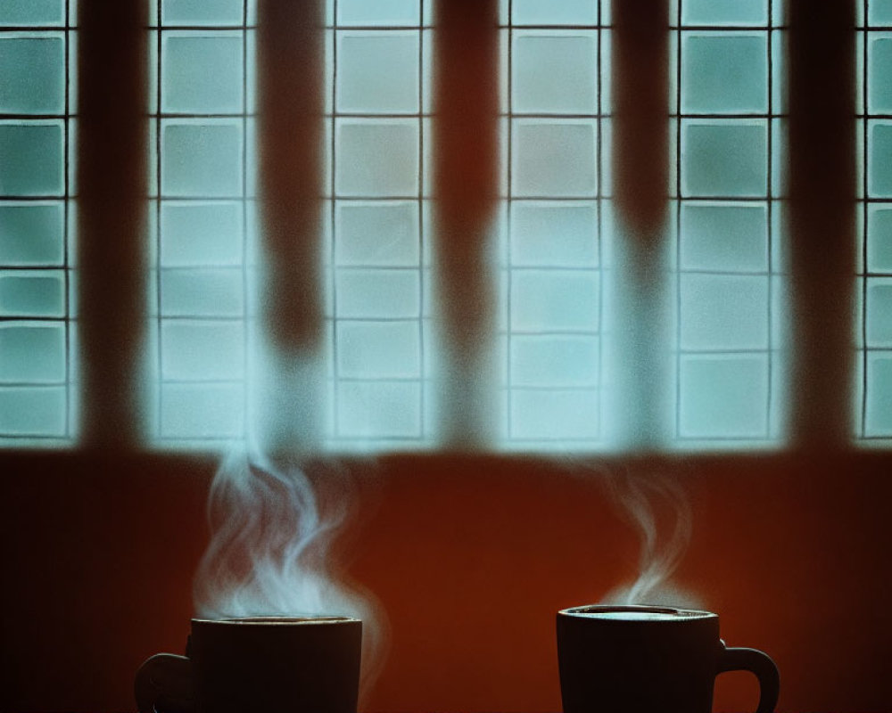 Steaming cups on counter with grid-like window pattern