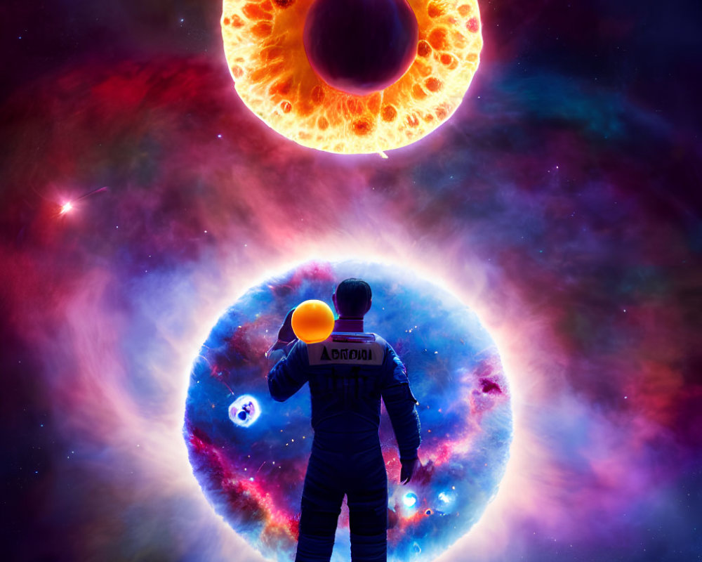 Astronaut in cosmic scene with massive celestial bodies