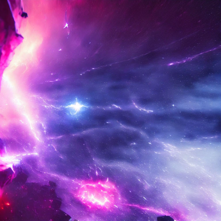 Colorful swirling nebulae in purple and pink against a starry backdrop