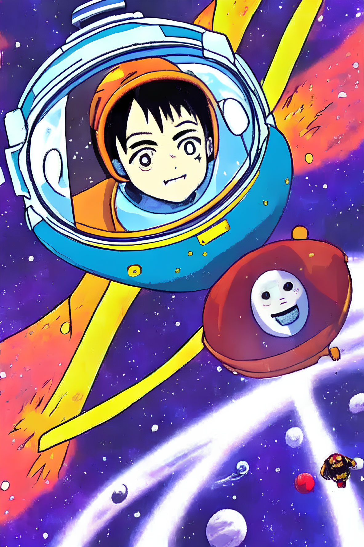 Colorful animated scene with boy in space helmet and smiling moon character