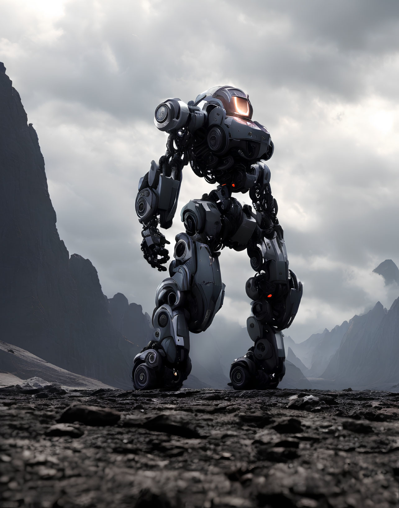 Intricate bipedal robot on rocky terrain with mountains and cloudy sky