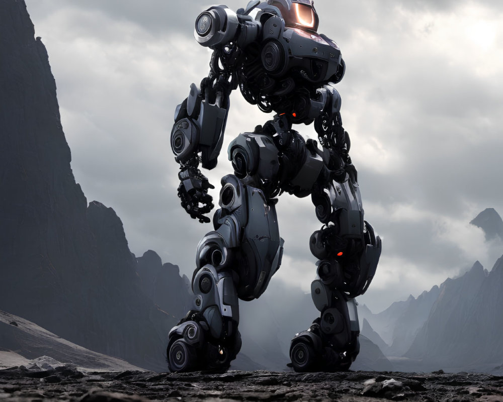 Intricate bipedal robot on rocky terrain with mountains and cloudy sky