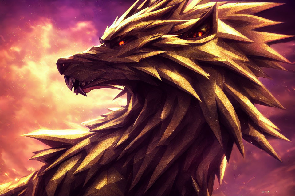 Stylized golden wolf with red eyes in dramatic sky