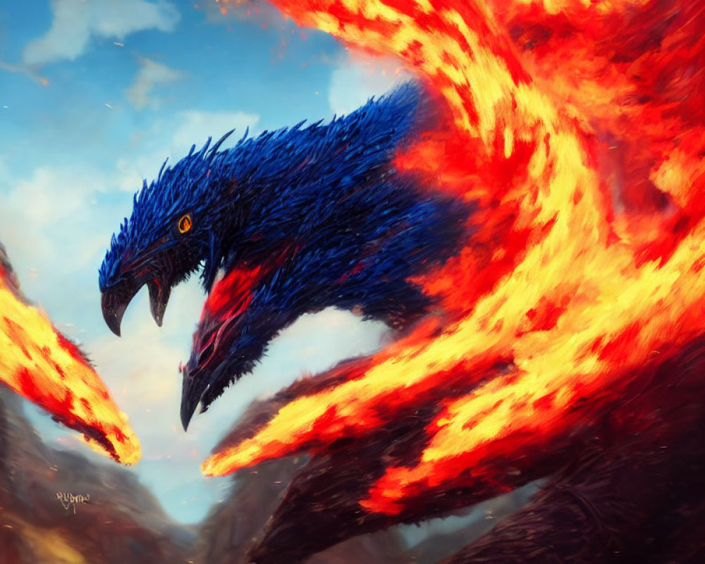 Colorful Blue Dragon Breathing Fire in Stormy Sky