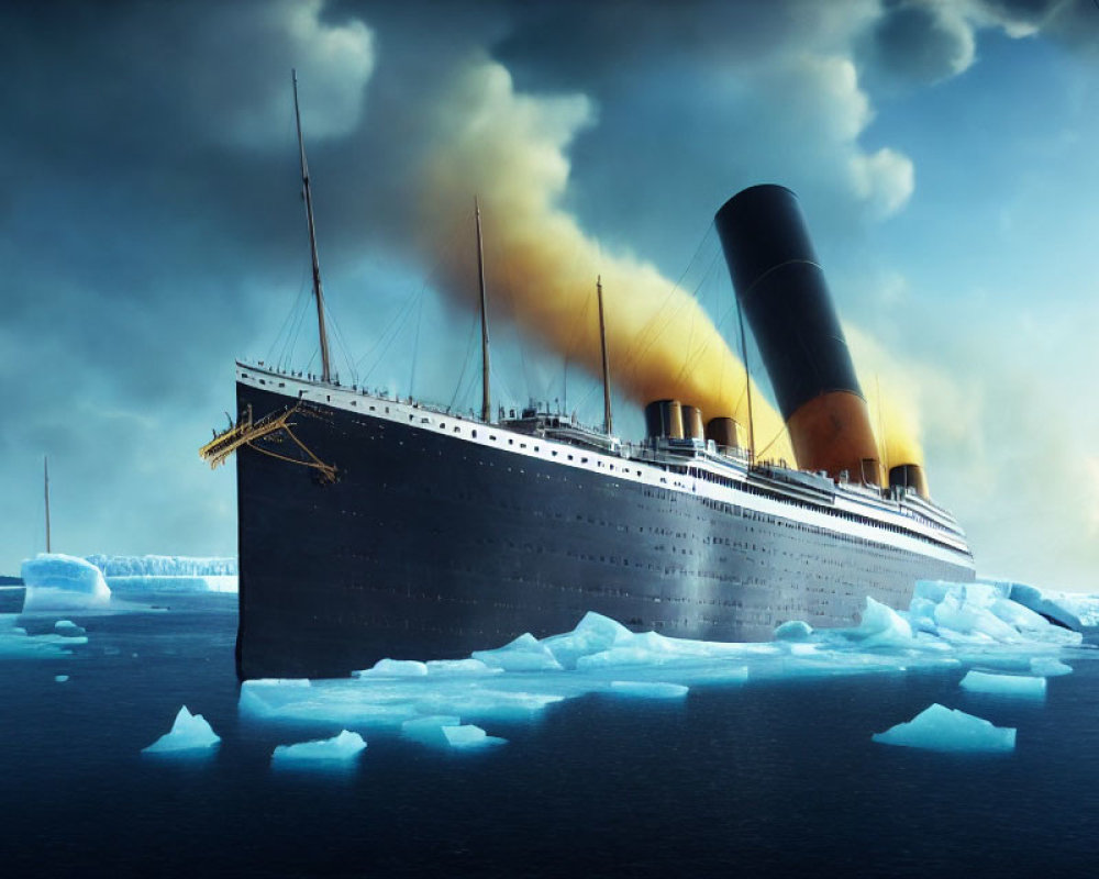 Vintage ocean liner with black hull and yellow funnels in icy waters among icebergs.