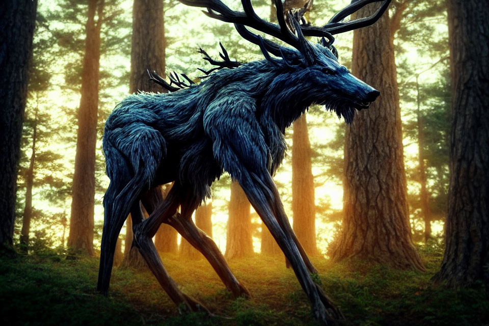 Blue fantasy stag with intricate antlers in sunlit forest