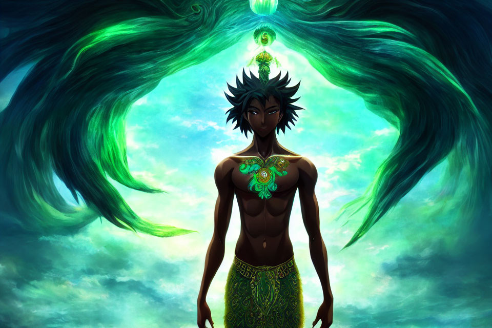 Dark-skinned mystical figure with spiky hair under green auroras and tribal attire.