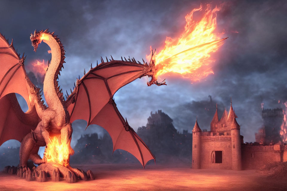 Majestic dragon breathing fire near medieval castle at dusk