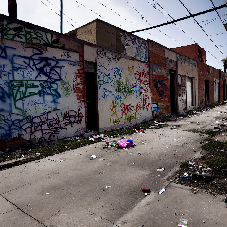 Graffiti-covered abandoned building with trash on street under cloudy sky