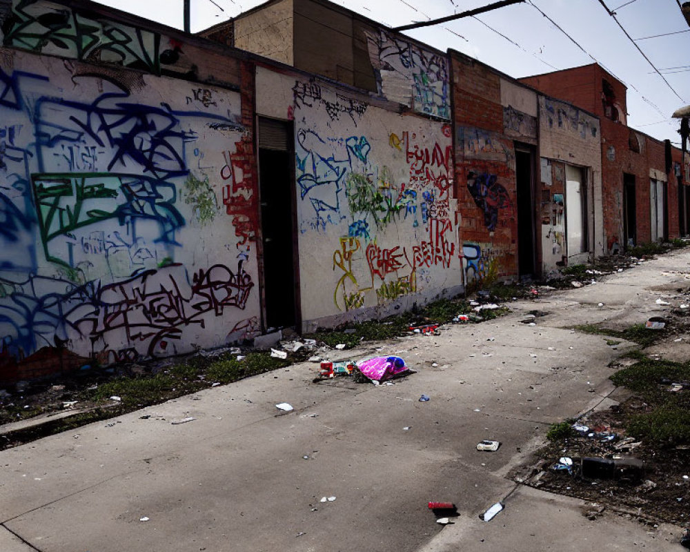 Graffiti-covered abandoned building with trash on street under cloudy sky