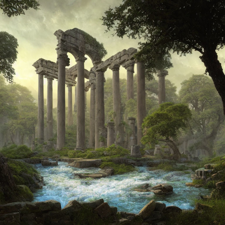 Ancient stone columns in lush forest with blue stream under mystical light