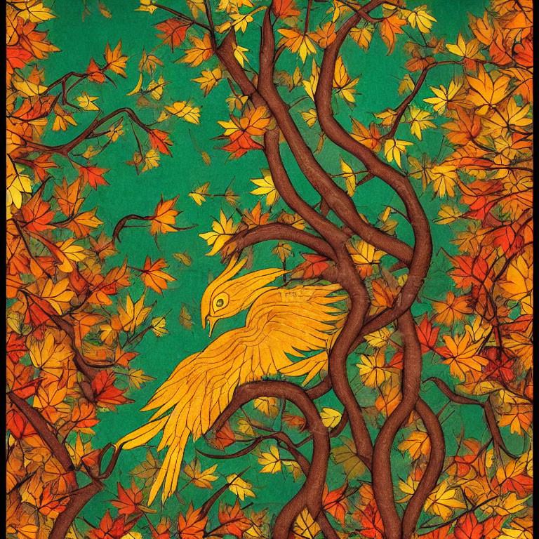 Camouflaged bird in autumn forest illustration